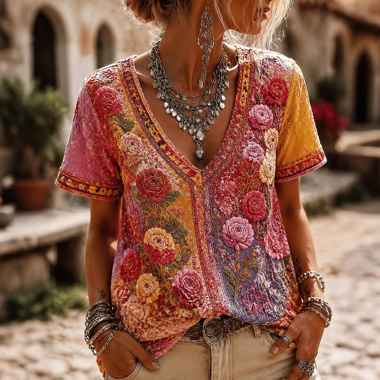 Women's Retro Vacation Floral V-neck Short-sleeve Cotton Linen T-shirt