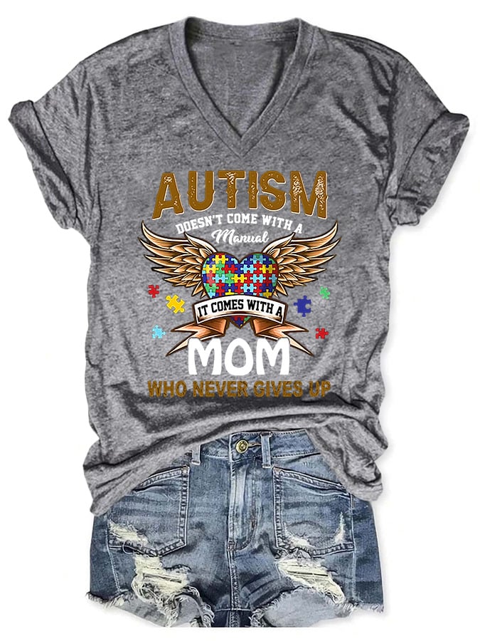 V-neck Autism Mom Print T-Shirt