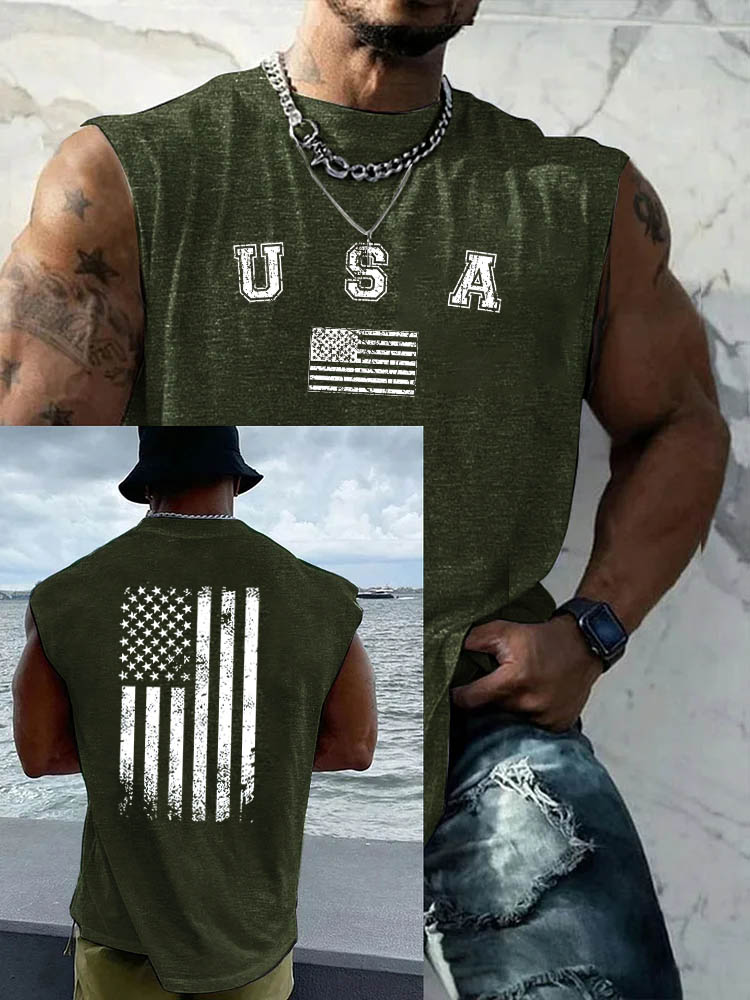 USA Pattern Round Neck 100% Cotton Tank Top