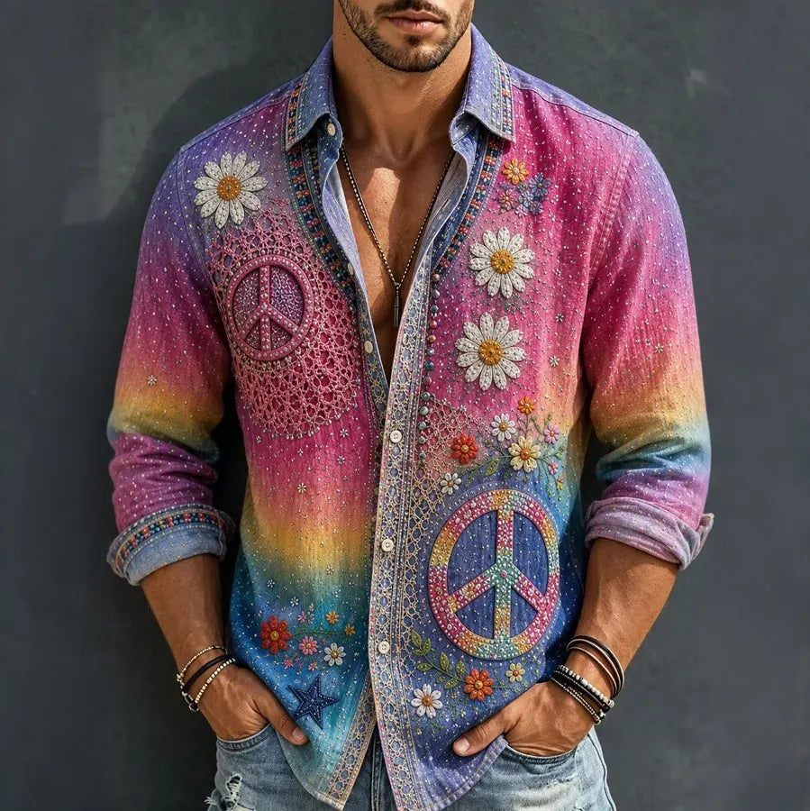 Men's Retro Hippie Style Floral Peace Sign Art Printed Cotton Linen Shirt