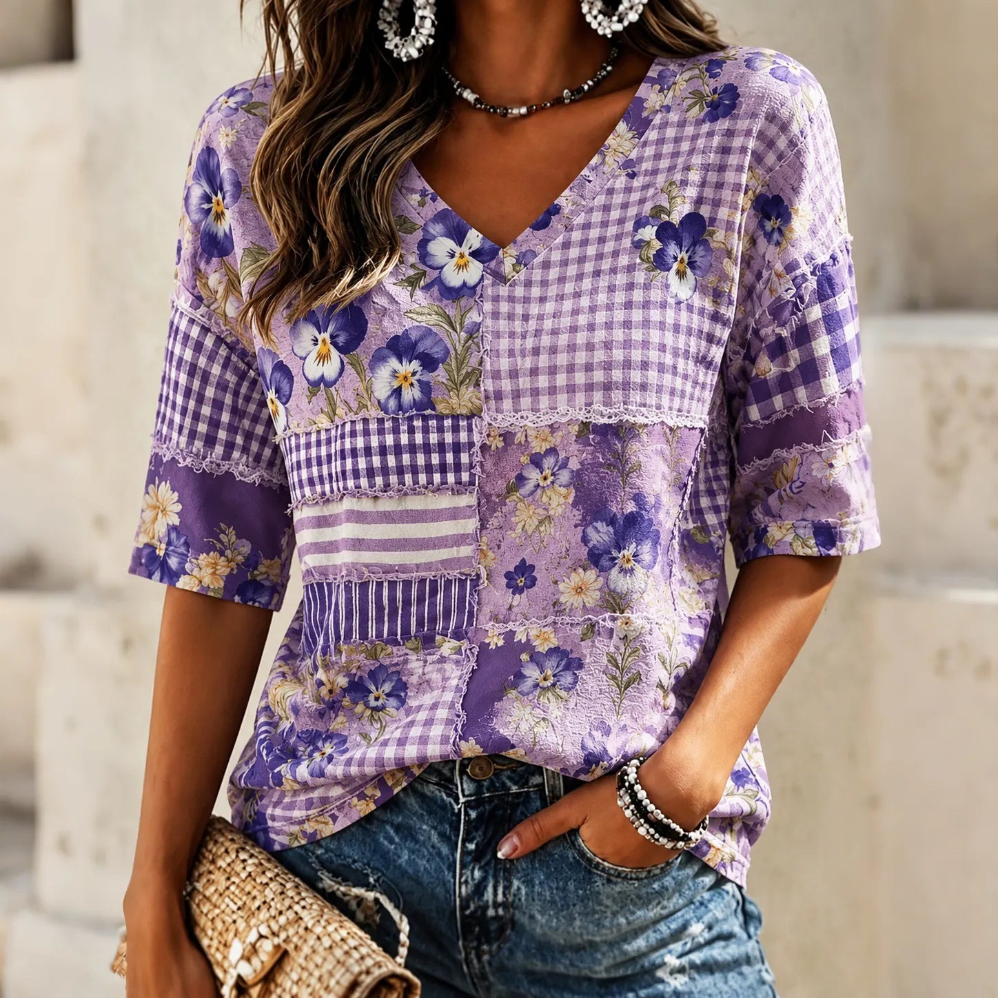 Women's Alzheimer's Awareness Support Patchwork Half-sleeves T-shirt