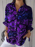 Women's Casual Purple Art Retro Star Cotton And Linen Shirt