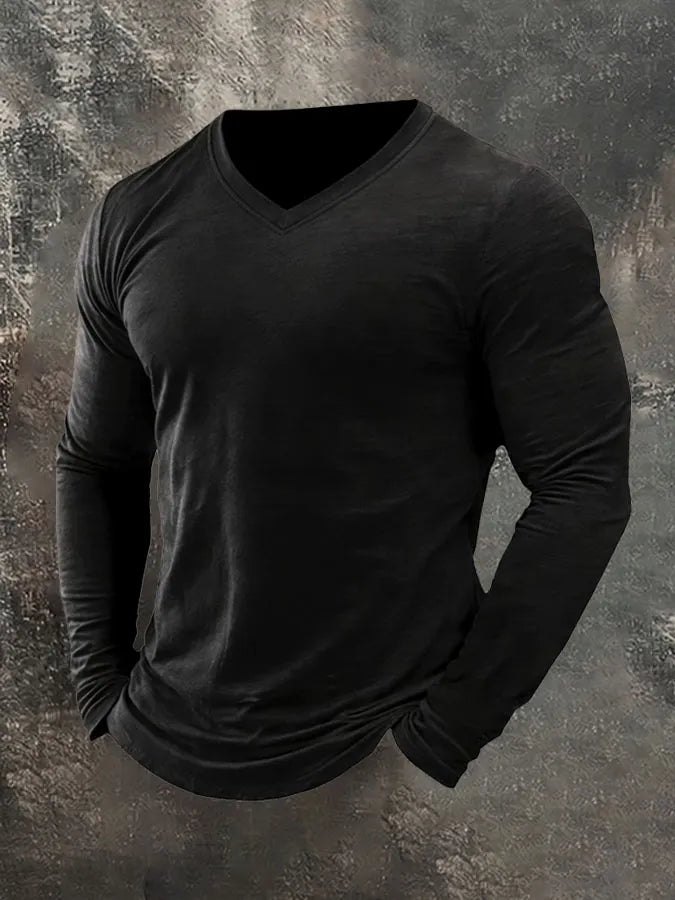 Men's Plain Casual V-Neck Long Sleeve T-Shirt