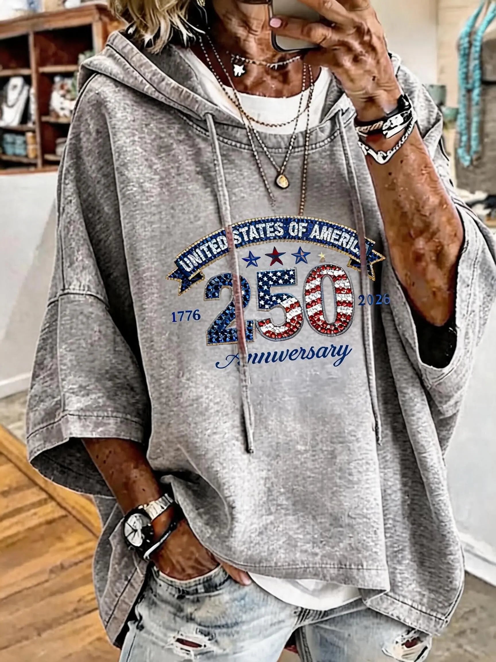 Women's 250th Anniversary Flag Print Oversized Hoodie