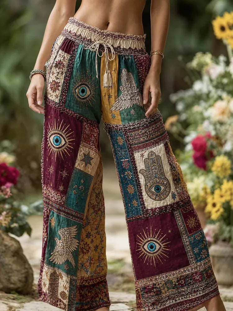 Women's Vintage Style Hamsa Hand & Wing Print Summer Palazzo Pants