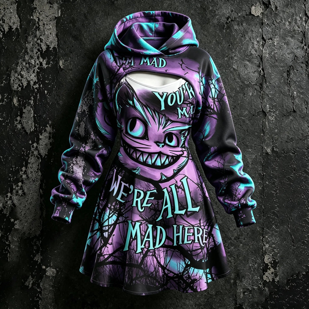 Halloween Tie-dye Cat And Dry Tree Branch Print Hoodie And Sundress Two-piece Set
