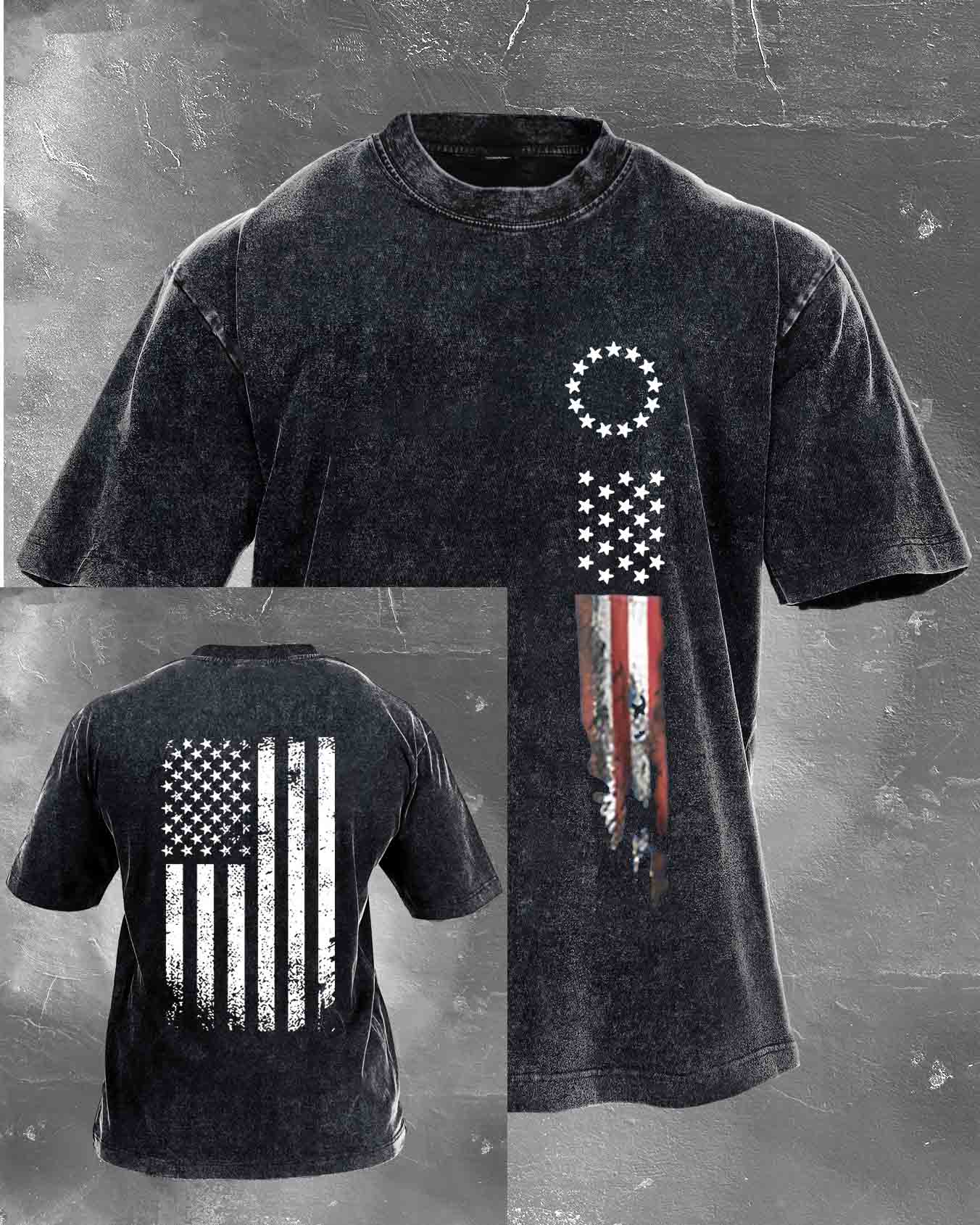 Amierica Flag Pattern Washed Distressed Crew Neck 100% Cototon T-Shirt