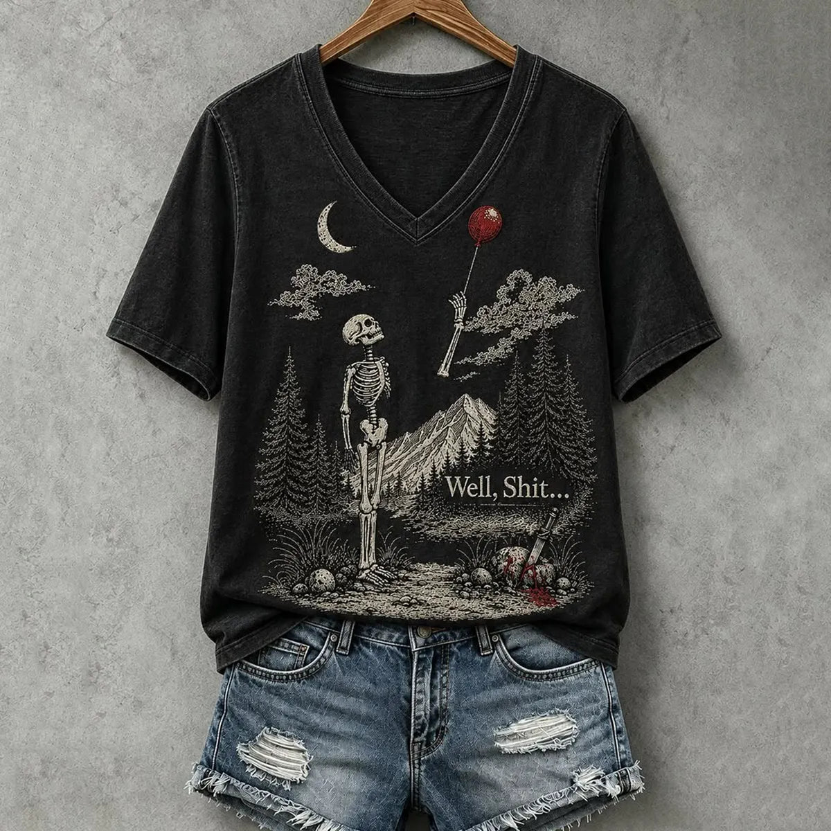 Women's Vintage Funny Skeleton Red Balloon Graphic Print Casual T-shirt