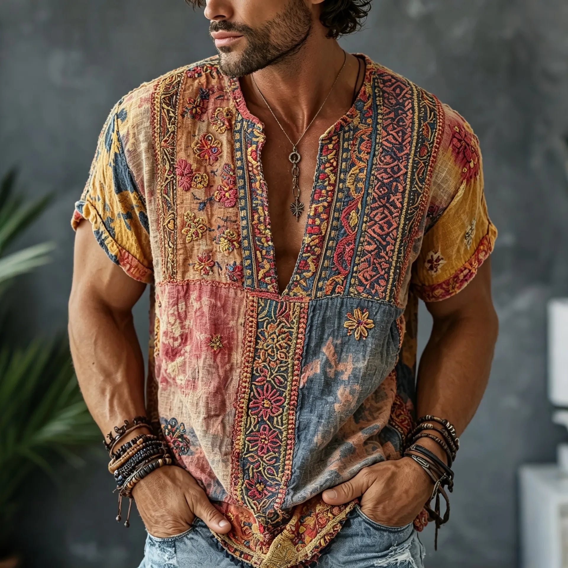 Men's Retro Floral  Patchwork Embroidered Art Print Flowy Linen Blend Casual Shirts