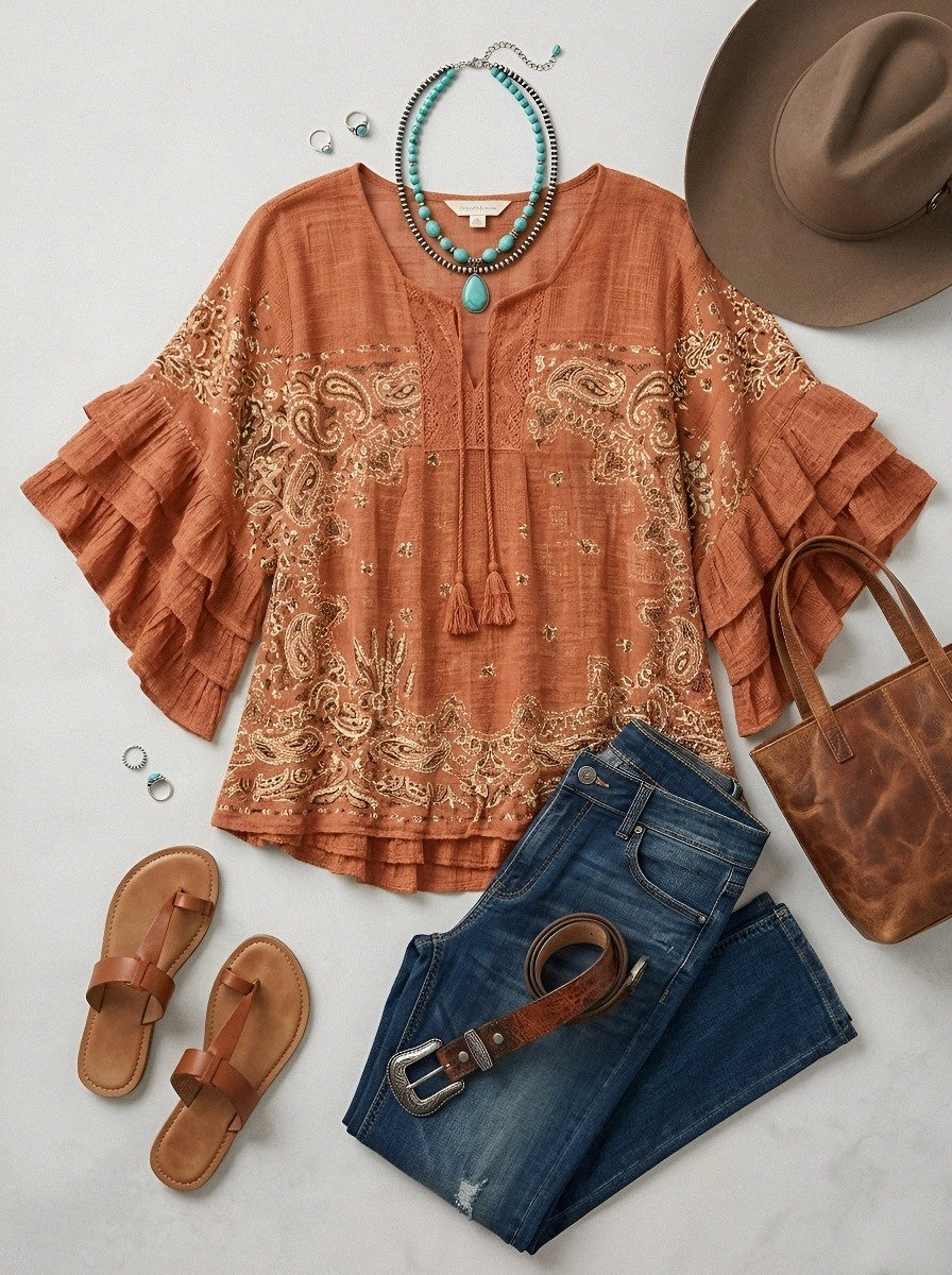 Women's Western Vintage Paisley Cactus Printed Ruffle Top