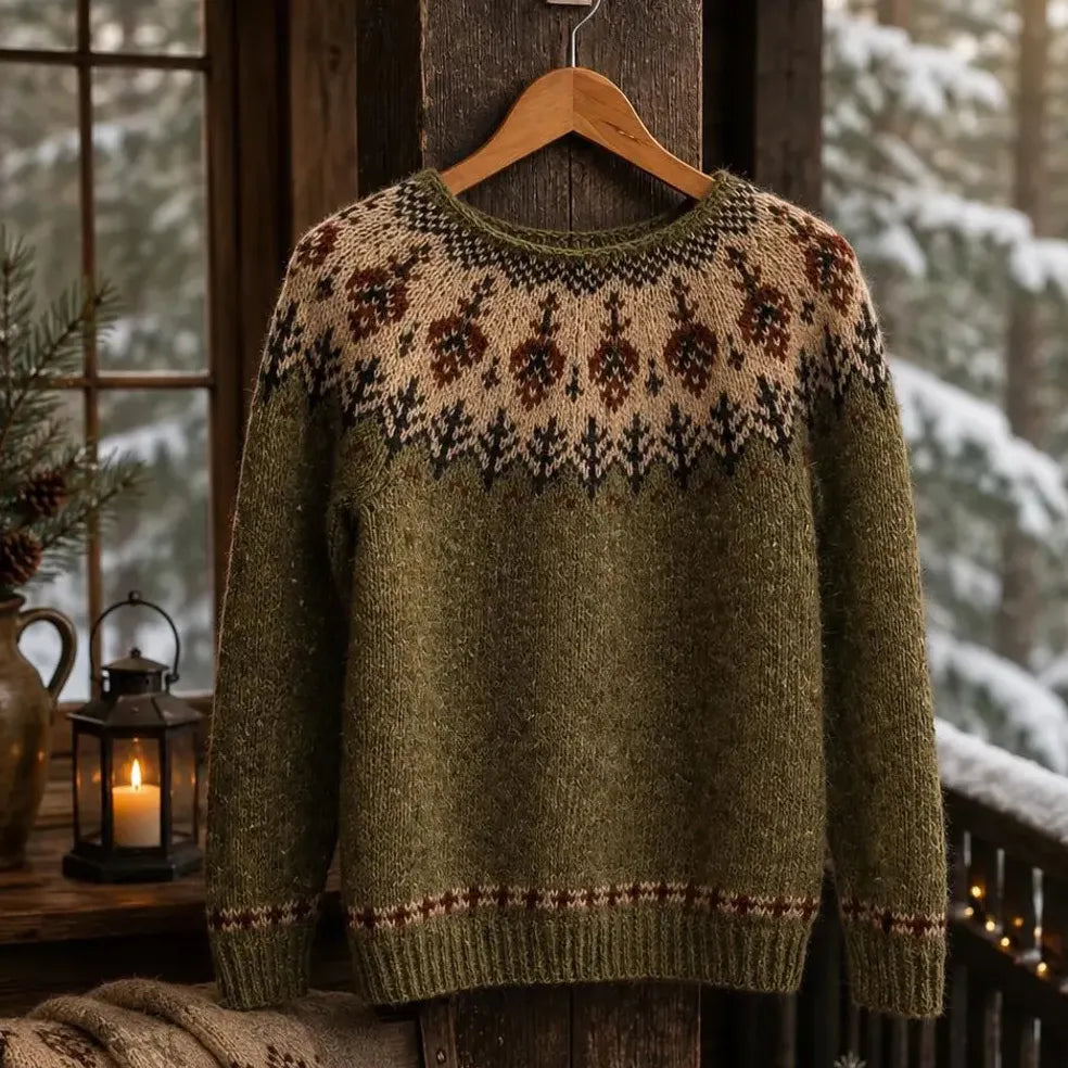 Women's Forest Motif Print Knitted Comfort Round Neck Sweater