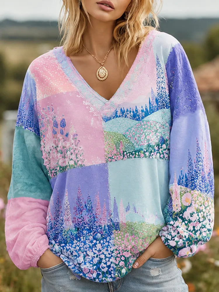Women's V-neck Long Sleeve Patchwork Top With Artistic Landscape And Pastel Floral Print