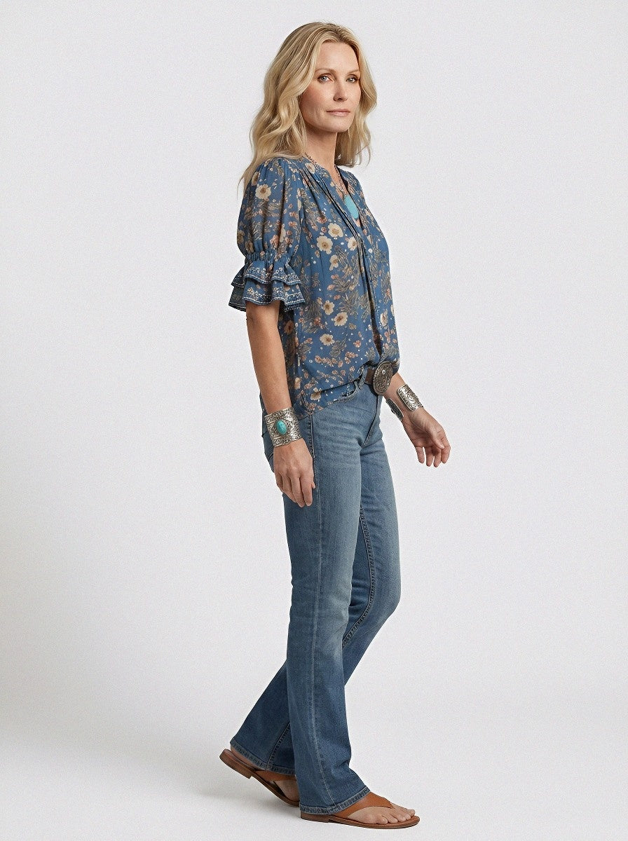 Women's Western Vintage Floral Ruffle Sleeve Printed Top