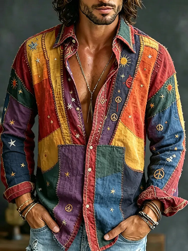 Men's Vintage Spring Patchwork  Hippie Vibe Embroidered Art Print Flowy Linen Blend Casual Shirt