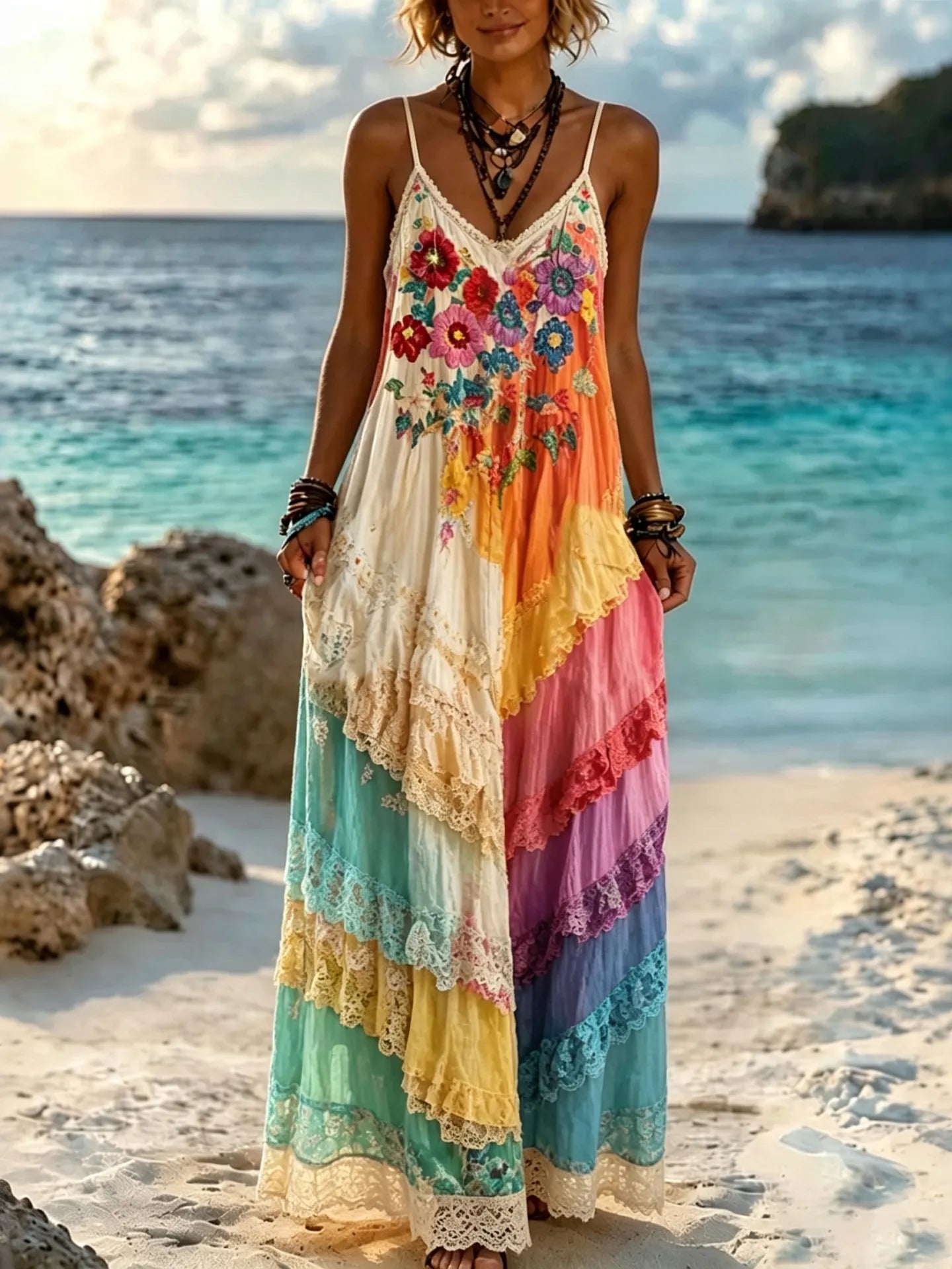 Women's Bohemian Japanese Bamboo Leaf And Calligraphy Art Sundress