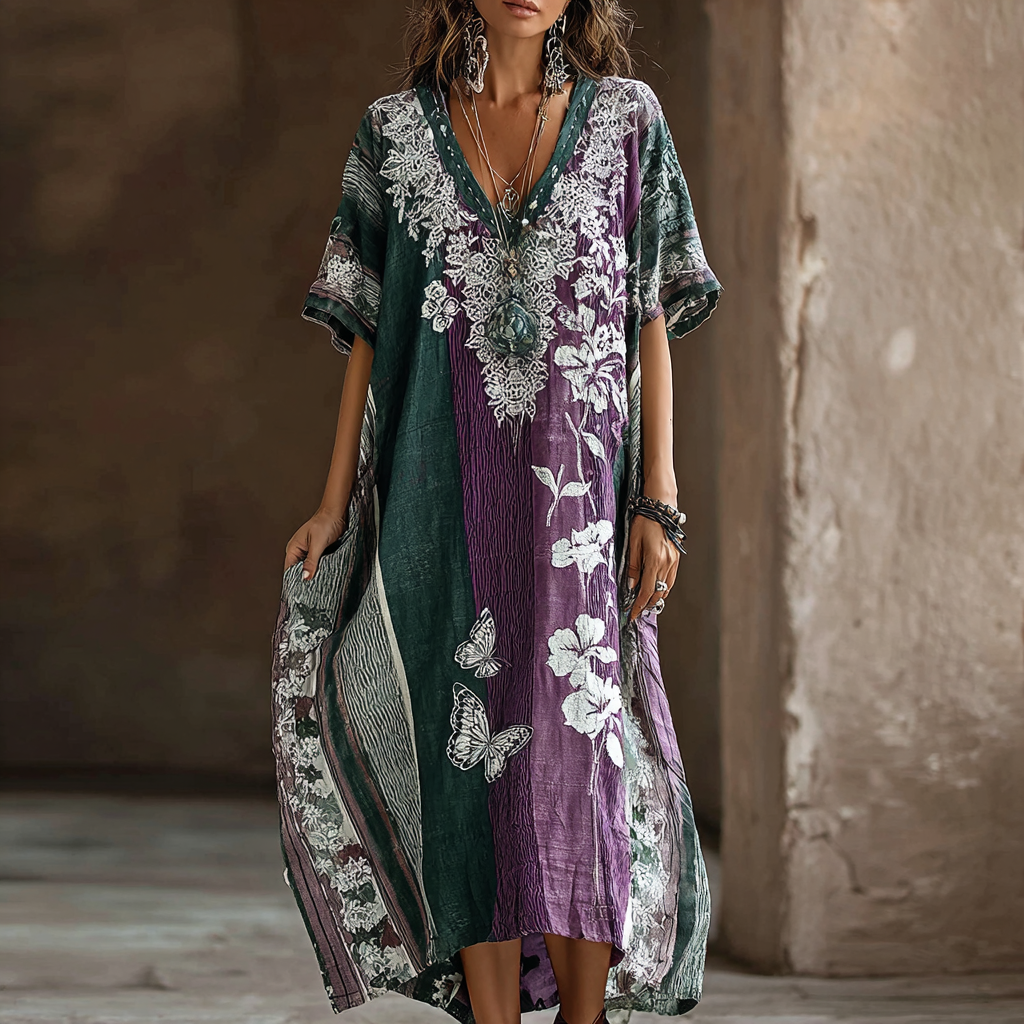 Butterfly Flower Lace Embroidery Patchwork Striped Design Women's Summer Linen Dress