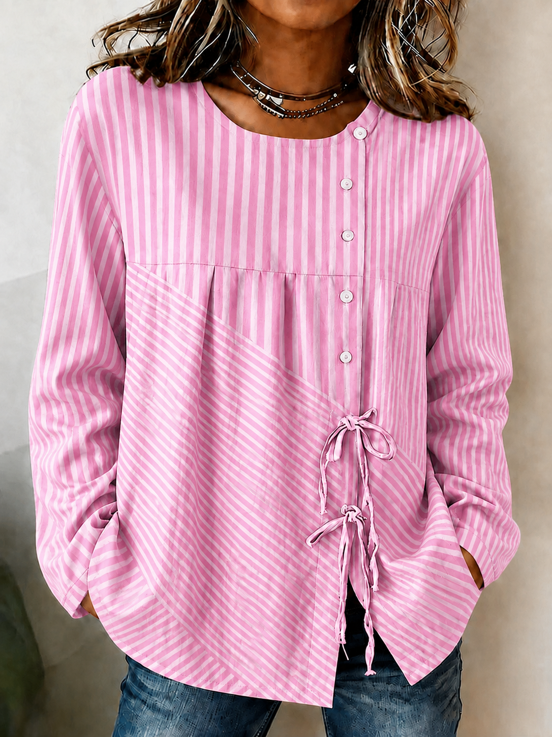 Women'S Breast Cancer Promotion Pink Stripe Art Printing Cotton Linen Long Sleeve Shirt