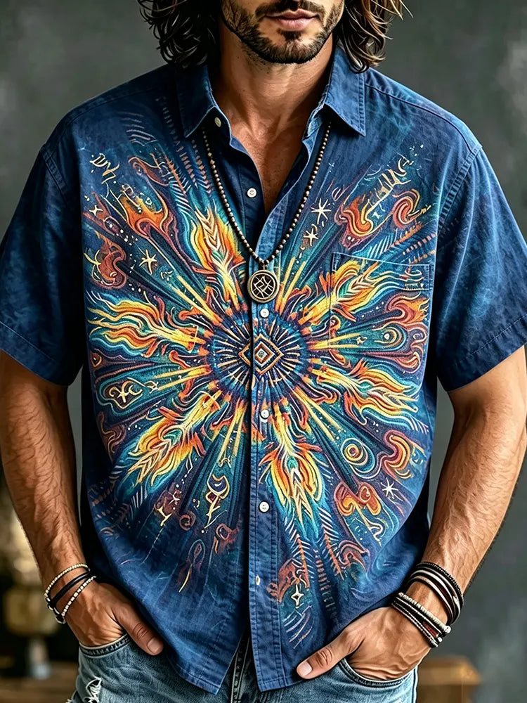 Men's Bohemian-style Tie-dye Short-sleeved Button-down Shirt, Decorated With Sunburst Mandala And Geometric Patterns.