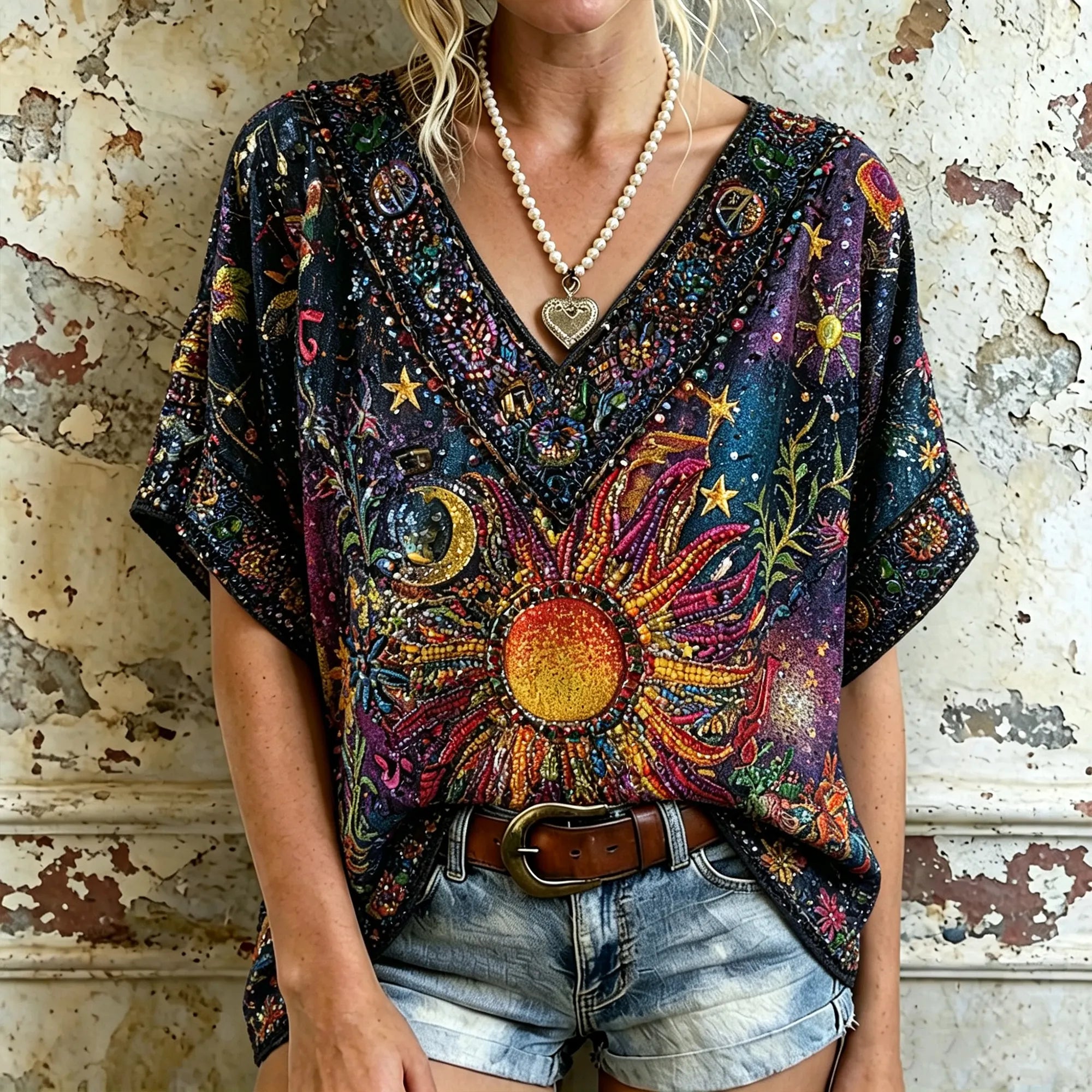 Celestial Sun Moon 3d Embroidery Sequin V‐neck Top, Vintage Hippie Boho Short‐sleeve T‐shirt