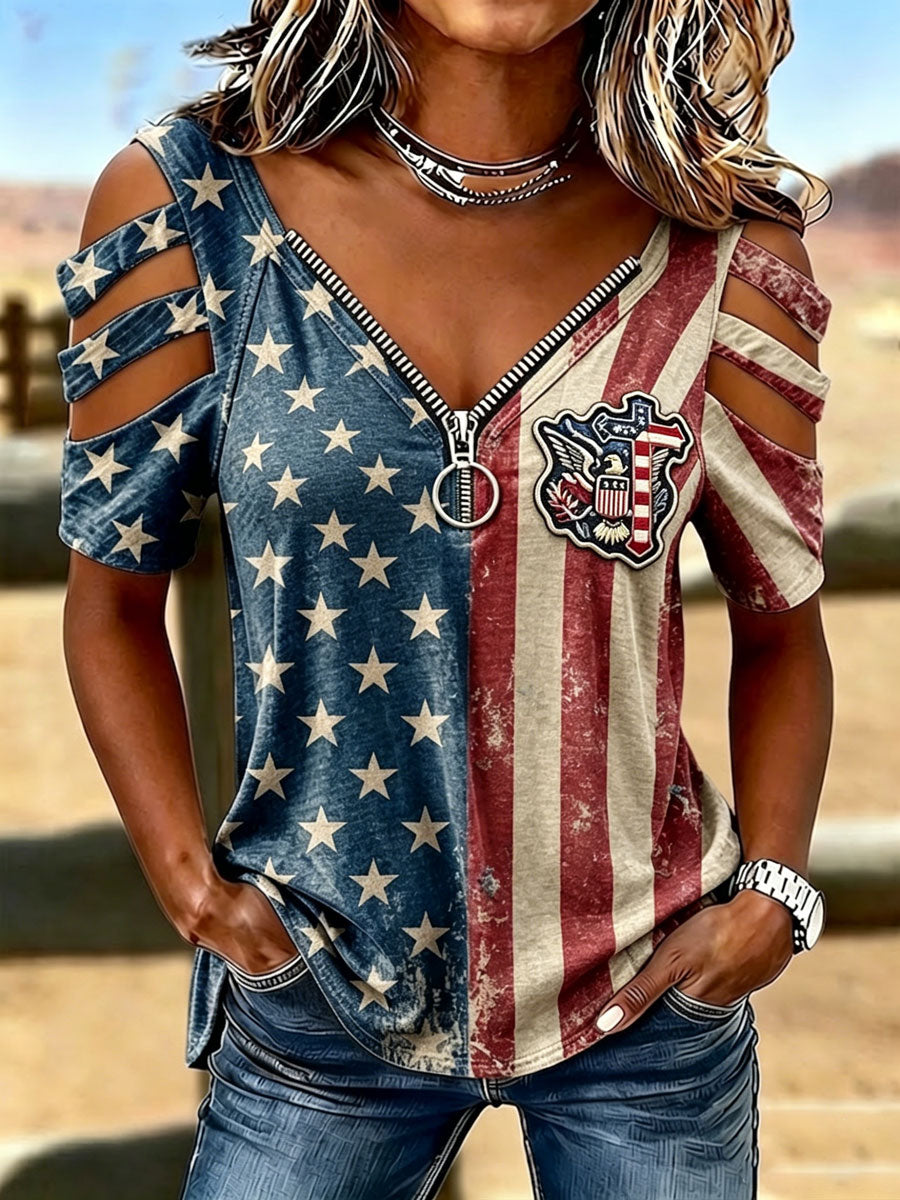 Female Faith Casual Hollowed Out Patriotic T-Shirt