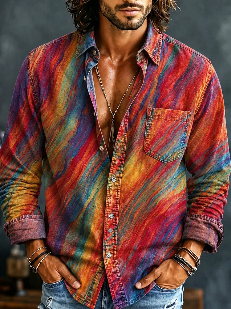 Men's Hippie Color Clash Twill Print Casual Long Sleeve Linen Shirt
