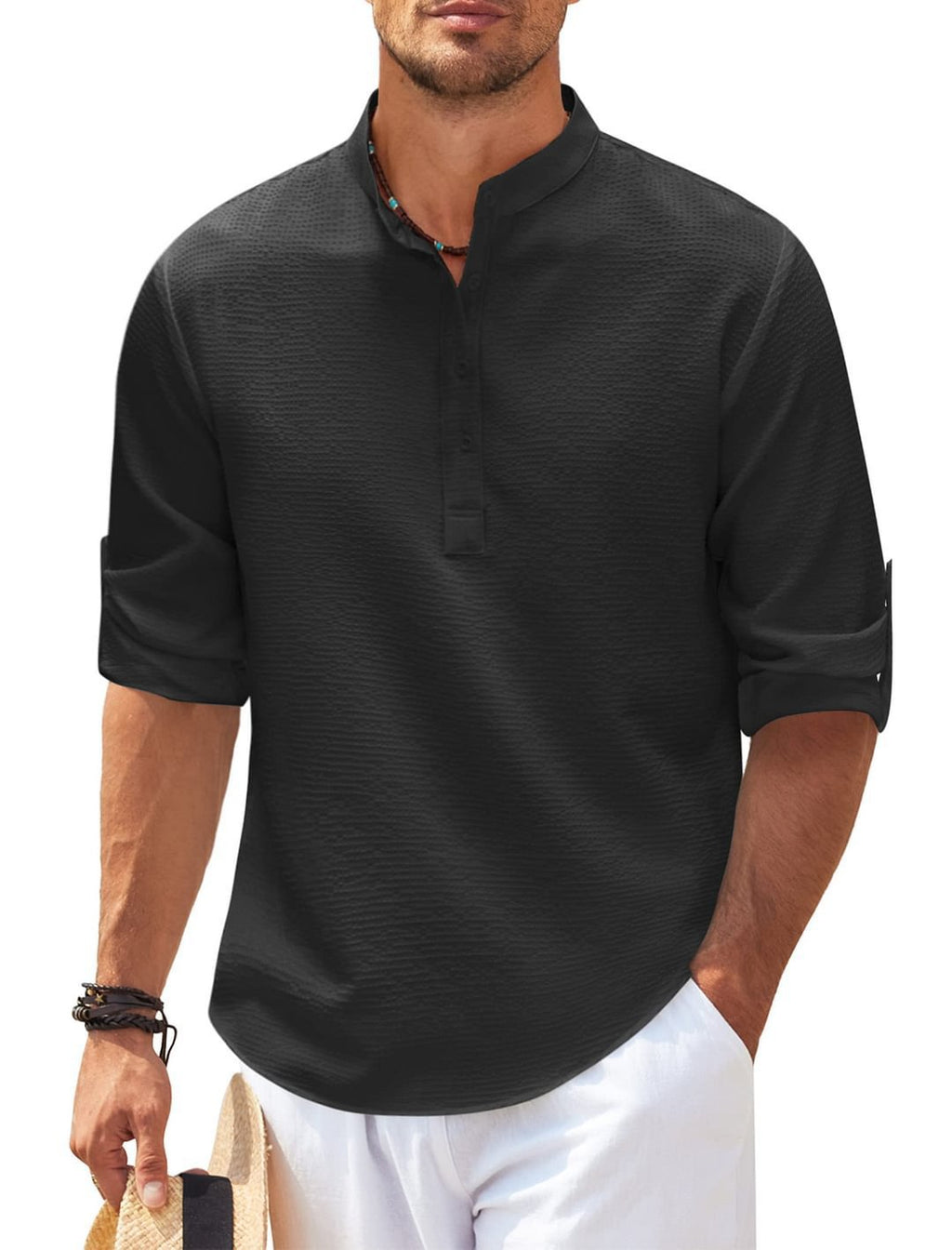 Men's Regular Fit Solid Color Waffle-knit Jacquard Long Sleeve Tee