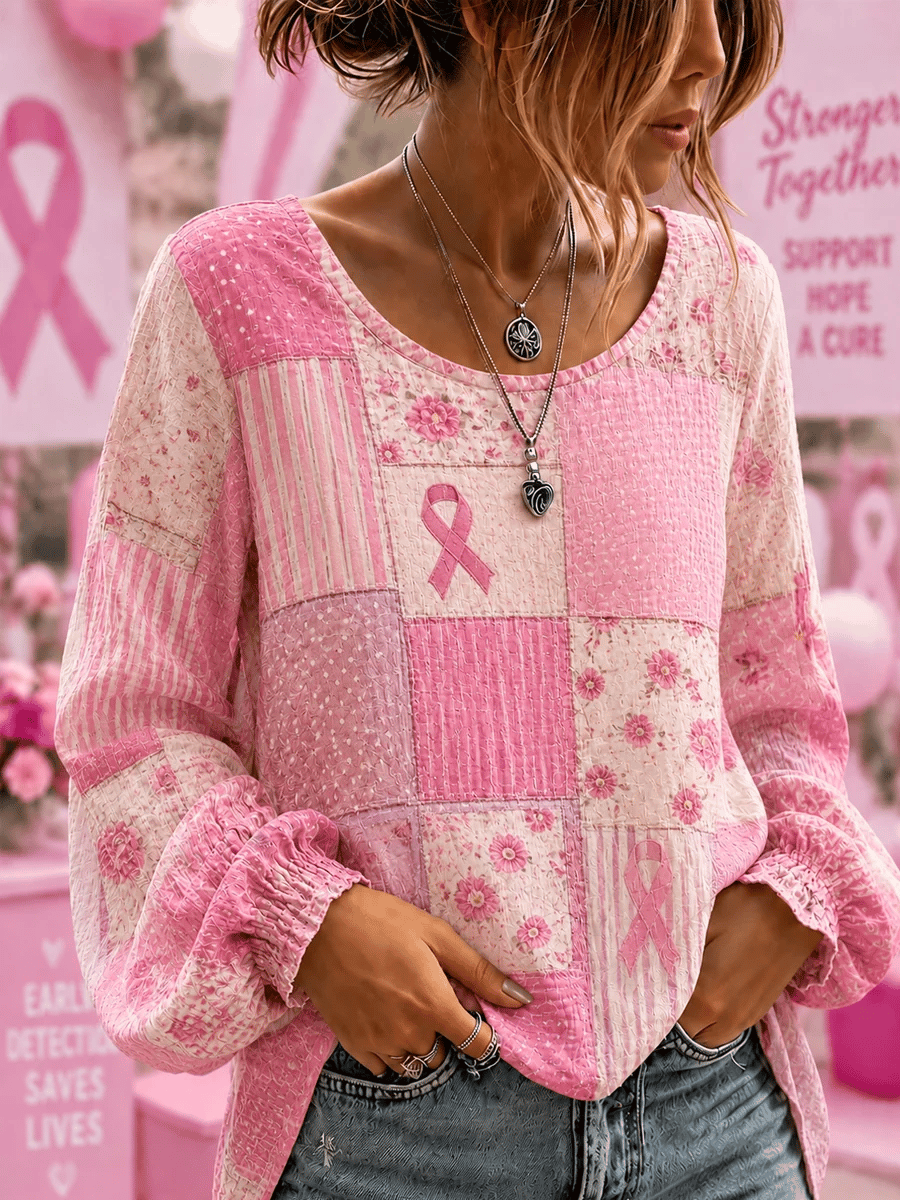 Women's Pink Vintage Floral Print Long-Sleeve Top