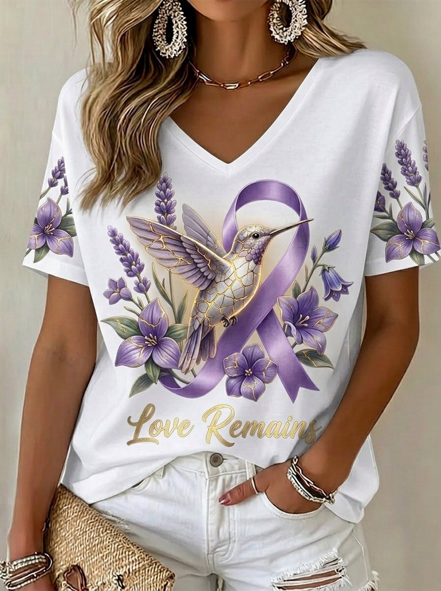 Women's Alzheimer's Awareness Floral Art V-Neck Short-Sleeve T-Shirt