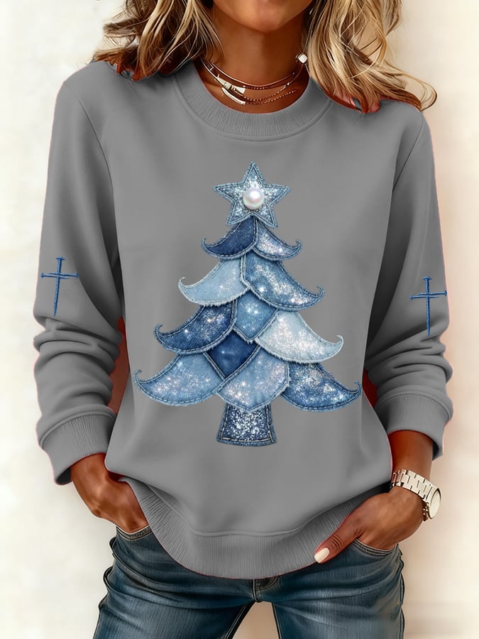 Women's Casual Denim Christmas Tree Print Sweatshirt