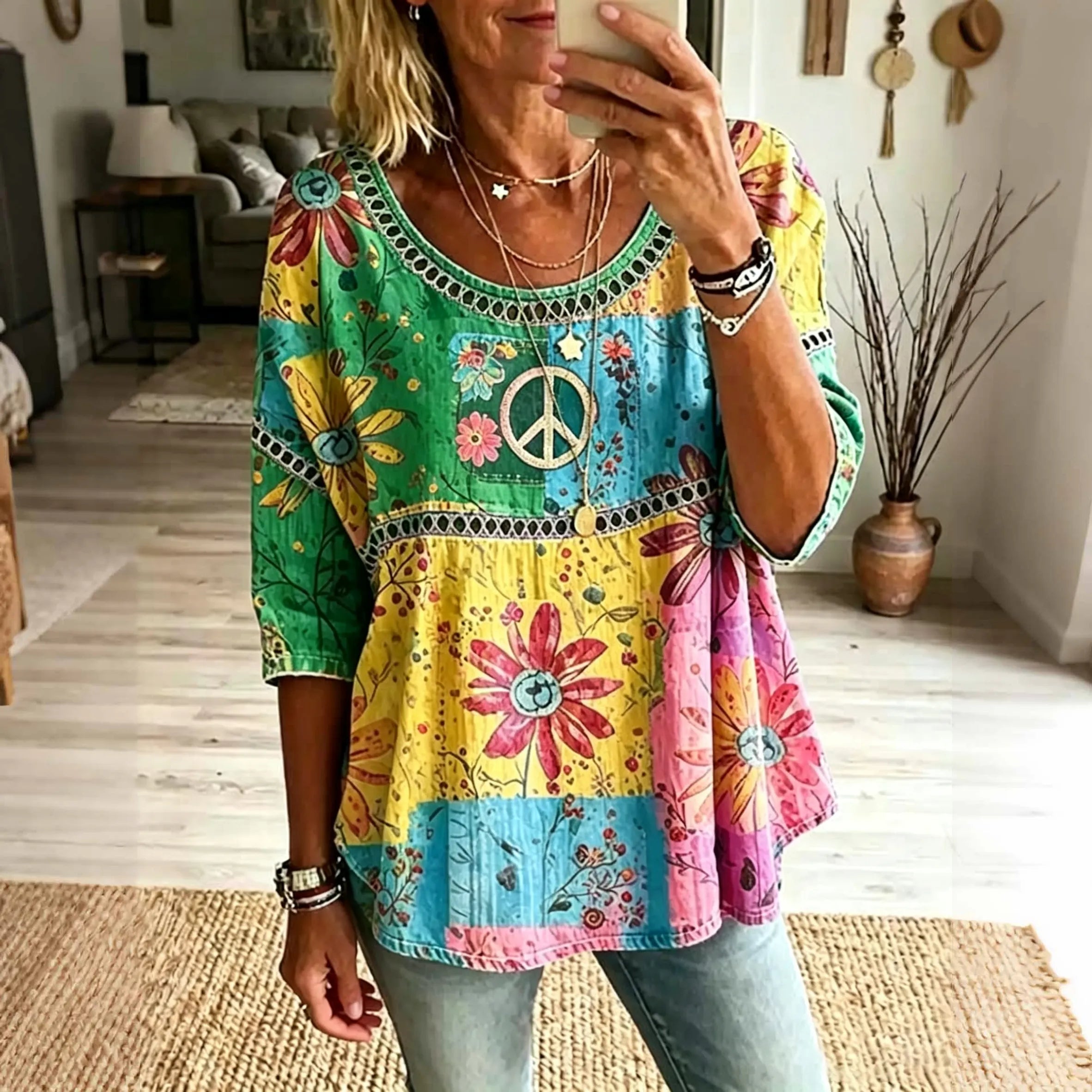 Women's Floral Patchwork Hippie Design Cotton Linen T-shirt