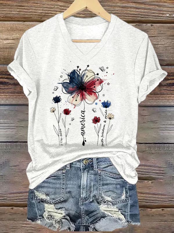 America1776-2026 Faith Freedom Pride Pattern Print V Neck Casual T-Shirt