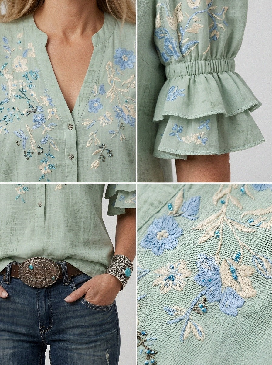 Women's Western Vintage Floral Embroidered Printed Top