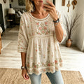 Women's Vintage Boho Floral Embroidered Art Crew Neck Linen Blend T-shirt