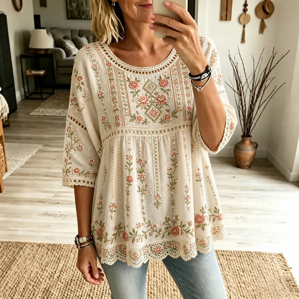 Women's Vintage Boho Floral Embroidered Art Crew Neck Linen Blend T-shirt