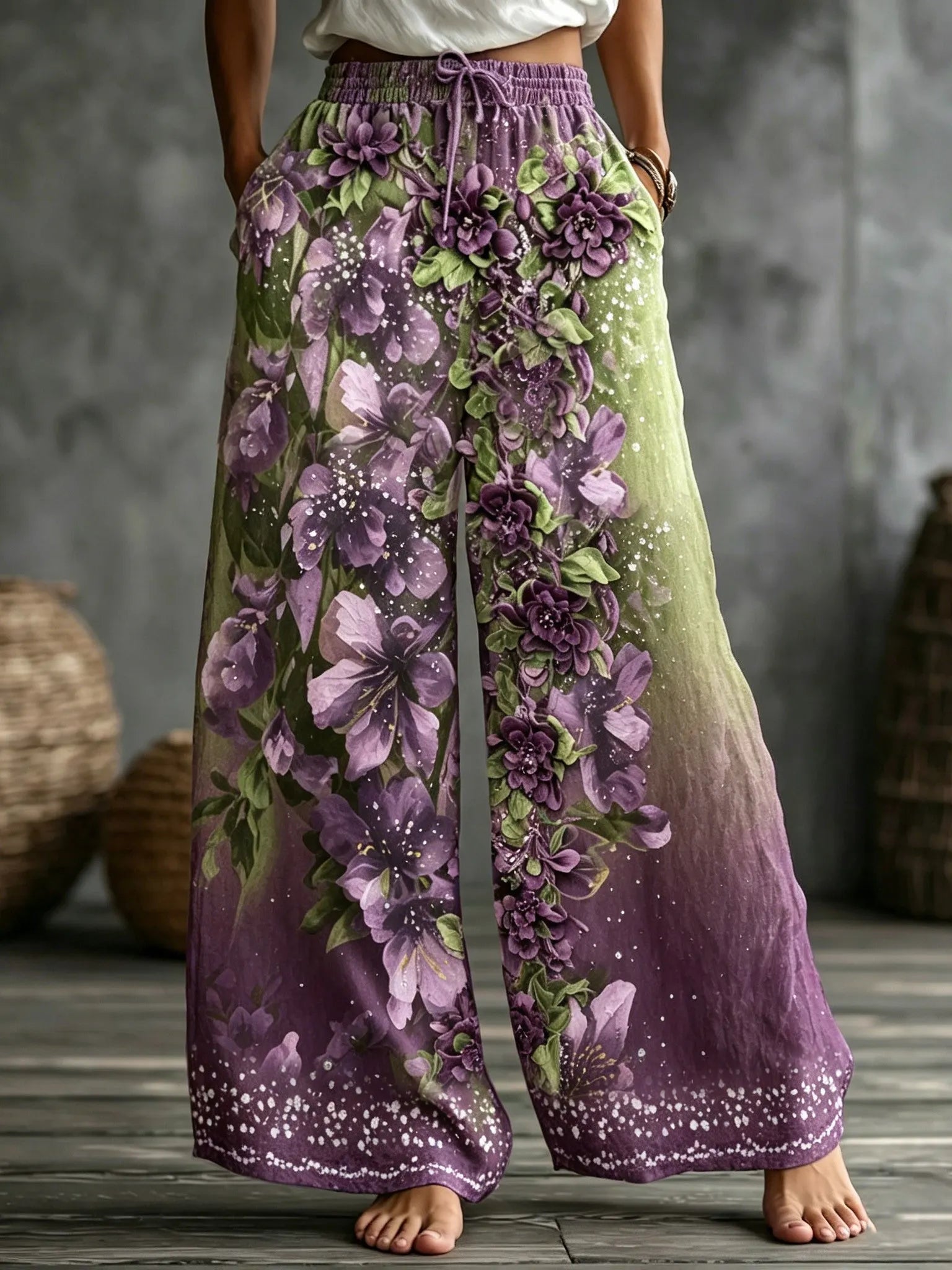 Women's Retro Floral Print Cotton Linen Casual Trousers