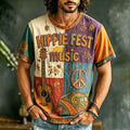 Men's Casual Color Block Music Letter Retro Hippie Crew Neck T-shirt