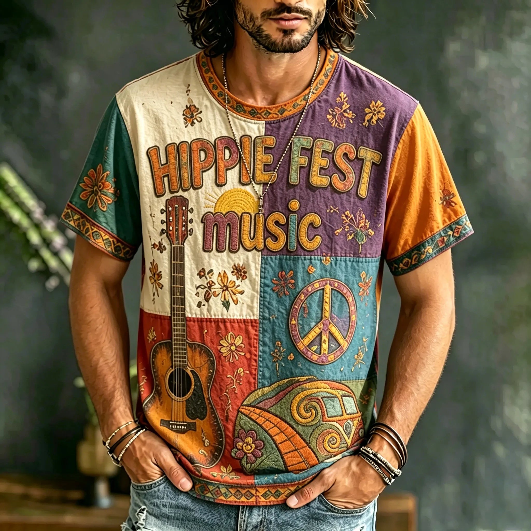 Men's Casual Color Block Music Letter Retro Hippie Crew Neck T-shirt