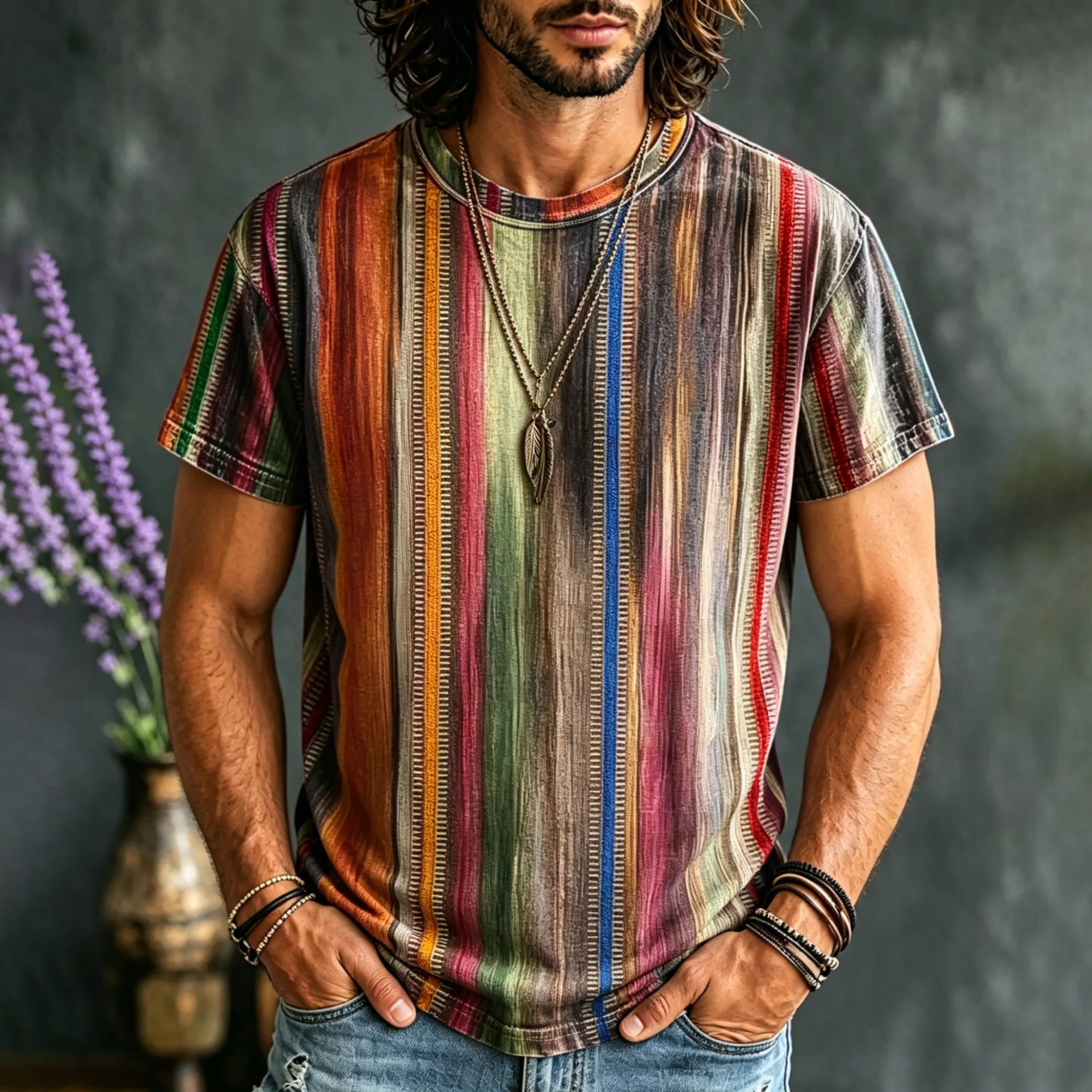 Men's Hippie Color Stripes Print Retro T-shirt