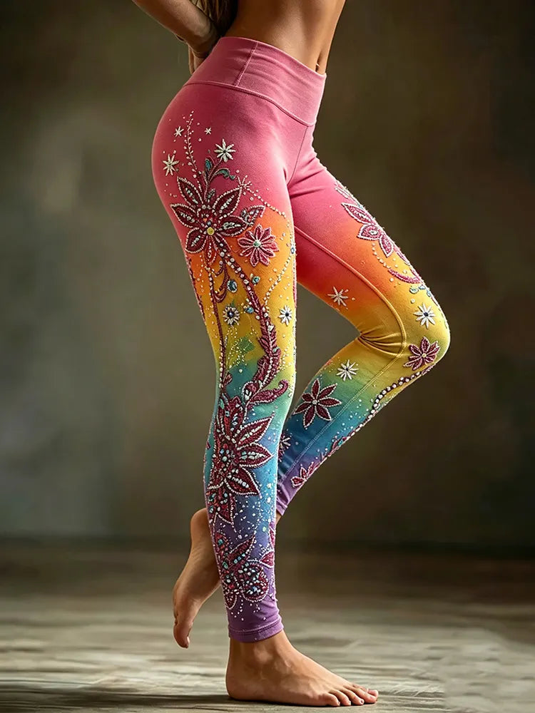 Women's Retro Hippie Floral Gradient Pattern Casual Leggings