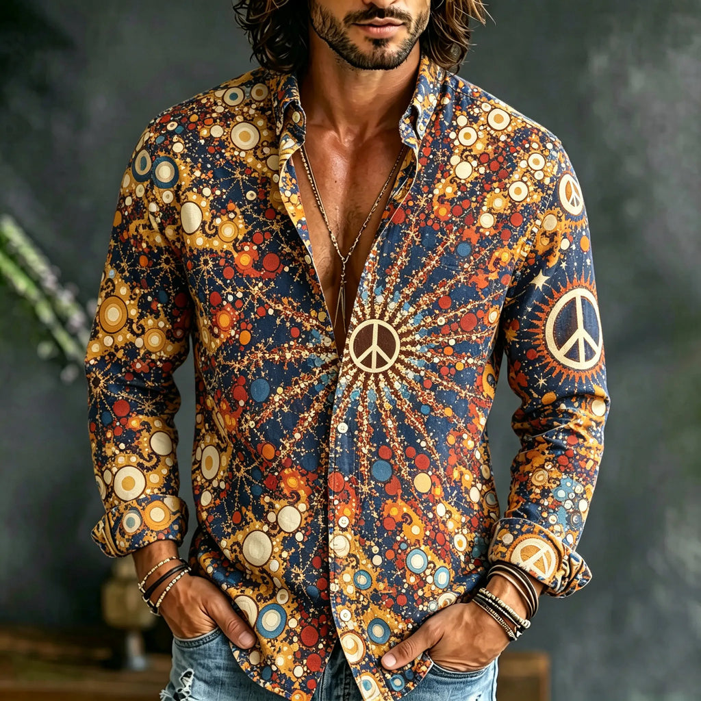 Men's Retro Casual Hippie Print Long-sleeved Cotton Linen Shirt