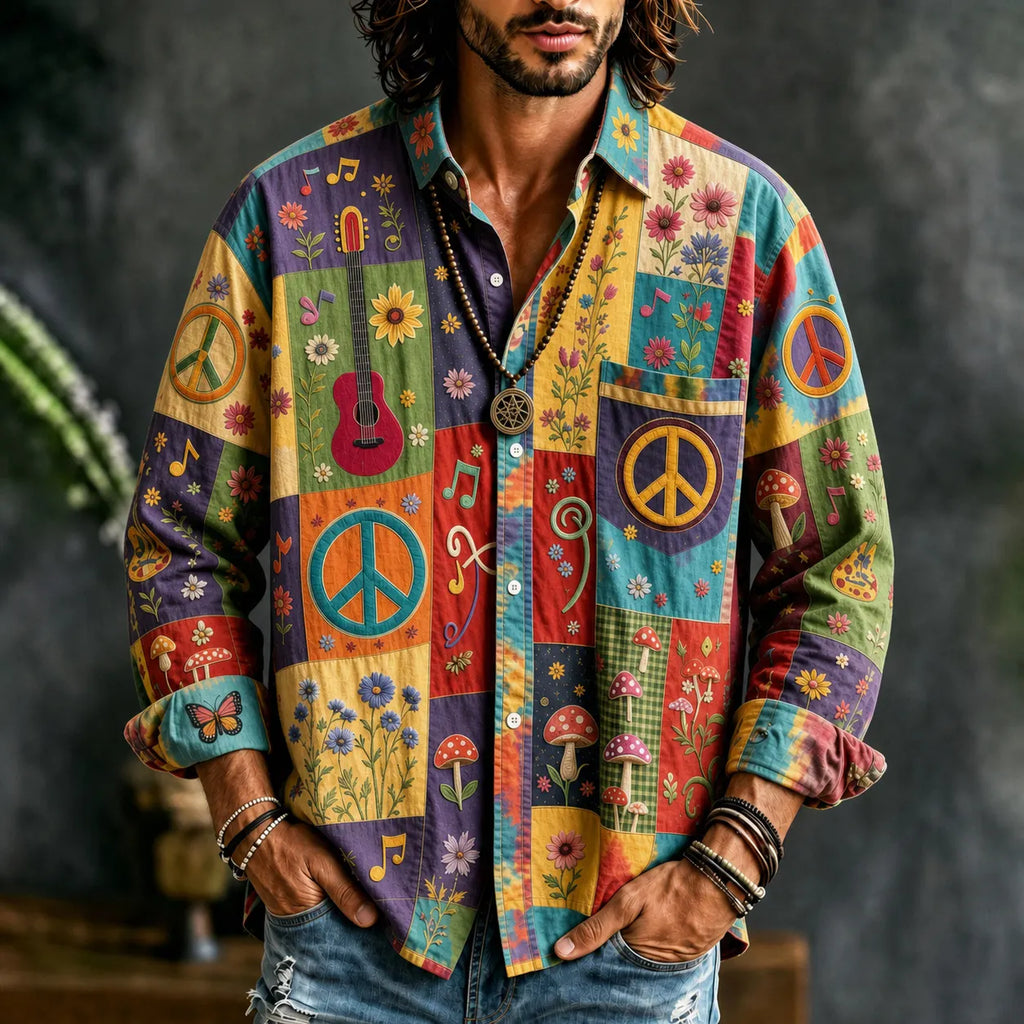 Men's Peace Sign And Guitar Hippie Patchwork Print Long Sleeves Shirt
