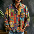 Men's Peace Sign And Guitar Hippie Patchwork Print Long Sleeves Shirt