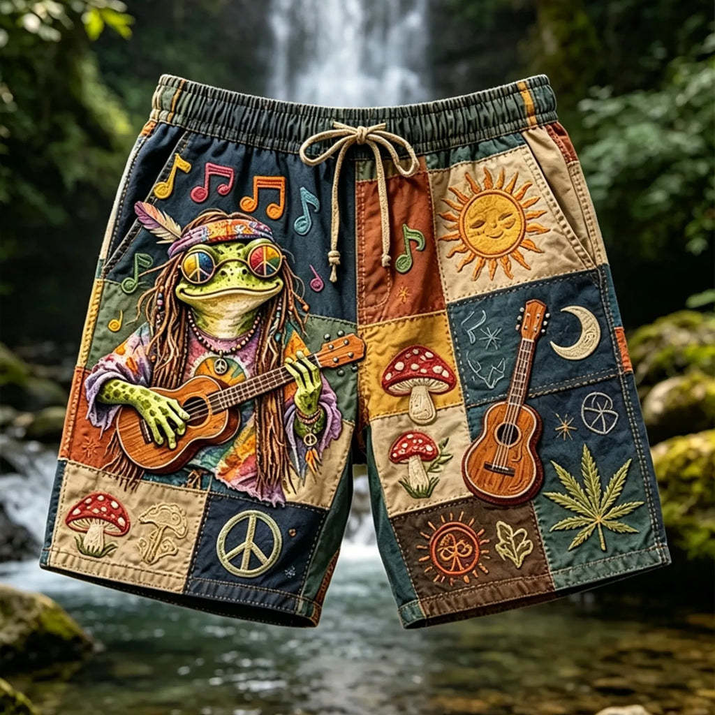 Men's Hippie Frog Patchwork Music And Peace Sign Print Casual Short