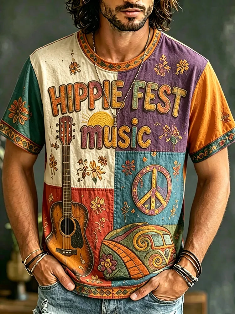 Men's Casual Color Block Music Letter Retro Hippie Crew Neck T-shirt