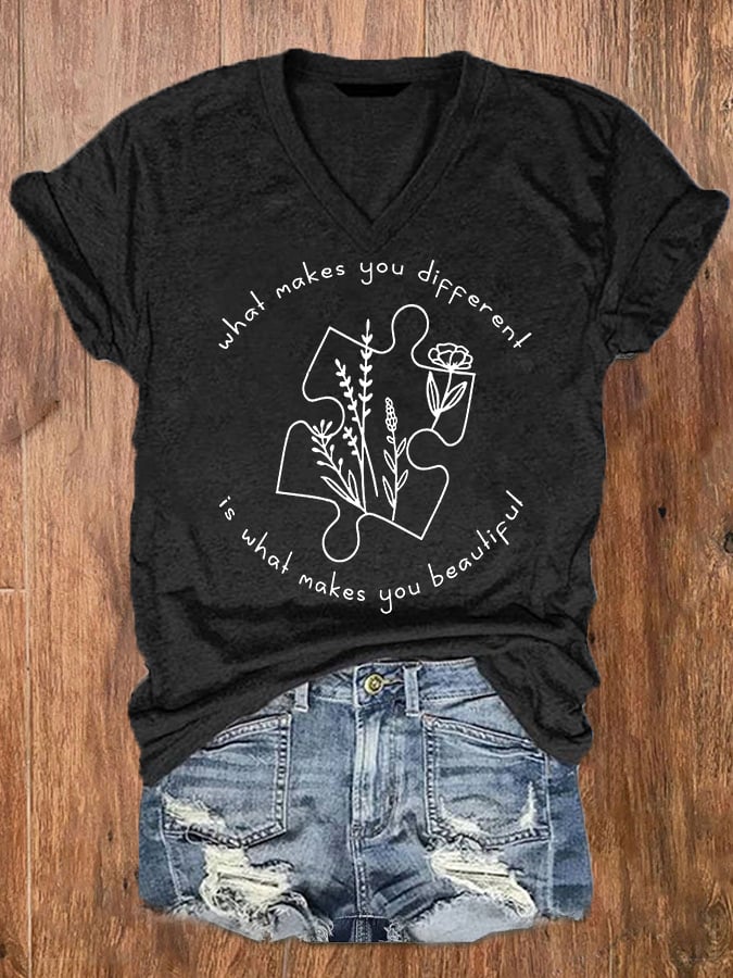 Women's What Makes You Different Is What Makes You Beautiful Autism Awareness V-Neck Tee