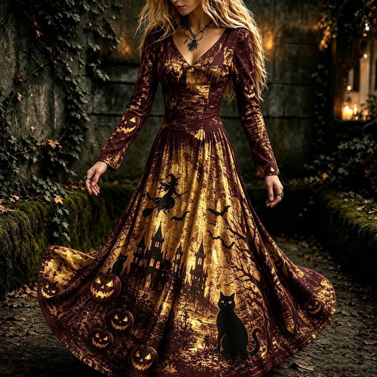 Women's Vintage Halloween Witch, Cat, And Castle Print Dress