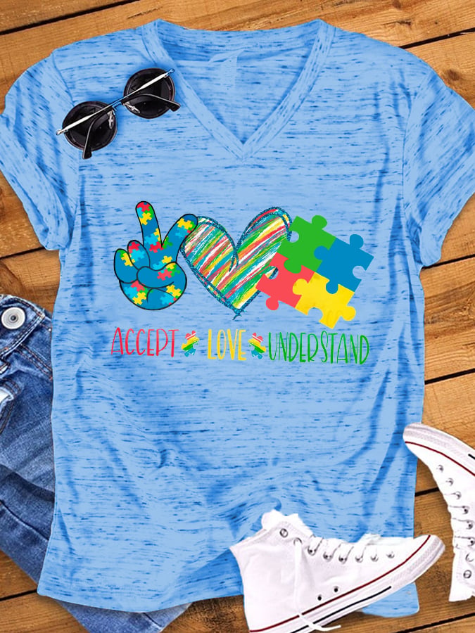 Women's Accept Love Understand Print Autism Awareness T-Shirt