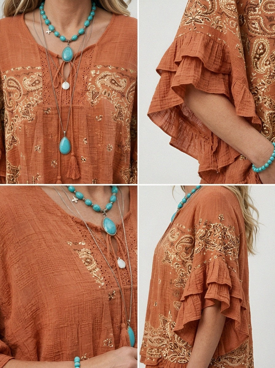 Women's Western Vintage Paisley Cactus Printed Ruffle Top