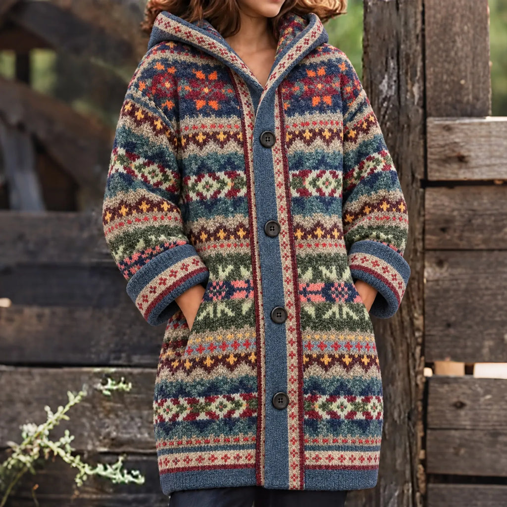 Women's Bohemia Geometric Stripe Jacquard Thermal Hooded Cardigan