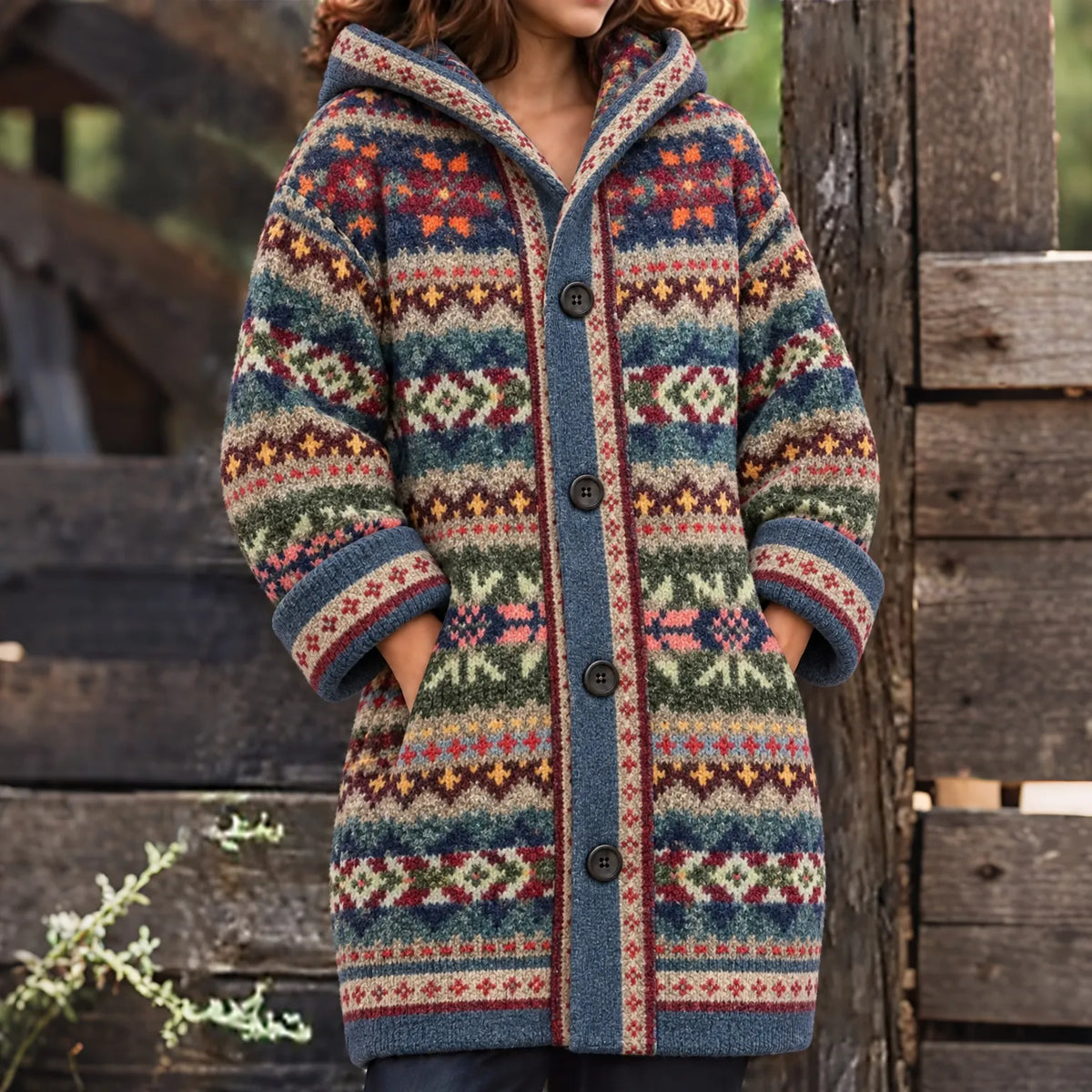 Women's Bohemia Geometric Stripe Jacquard Thermal Hooded Cardigan